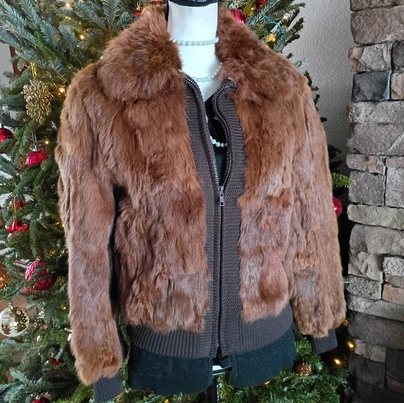 Korean Brown Vintage Genuine Rabbit Fur Cropped Bomber Jacket